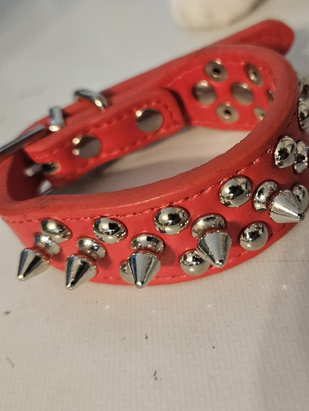 Red Studded Spike Faux Leather Dog Collar